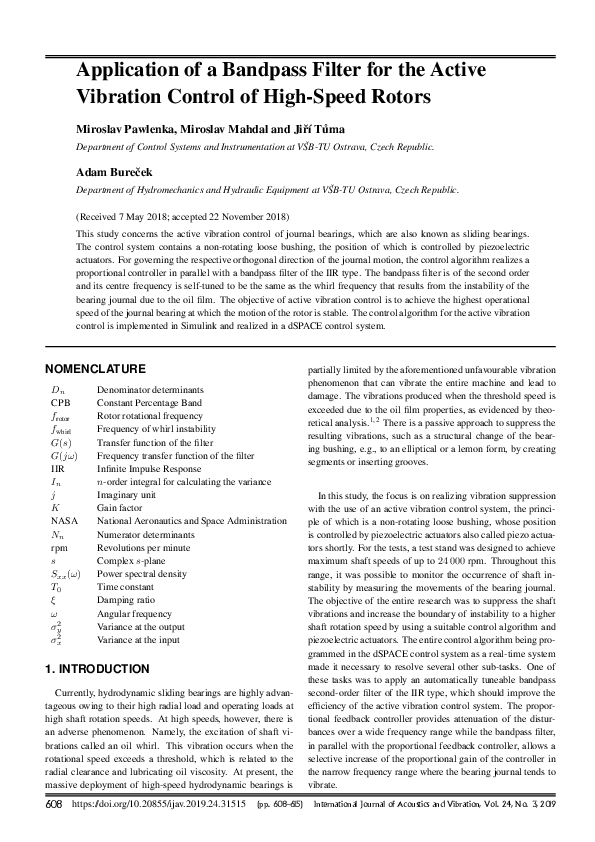 (PDF) Application of a Bandpass Filter for the Active Vibration Control ...