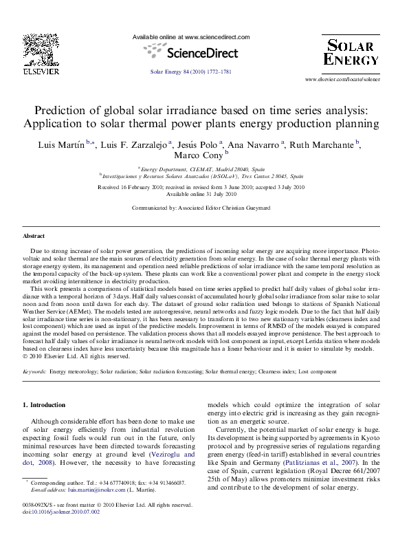 (PDF) Prediction of global solar irradiance based on time series ...