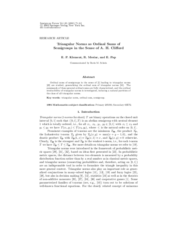 (PDF) Triangular norms as ordinal sums of semigroups in the sense of A ...