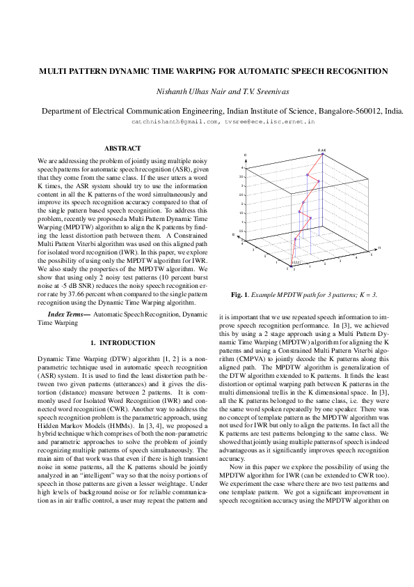 (PDF) Multi Pattern Cynamic Time Warping for automatic speech recognition