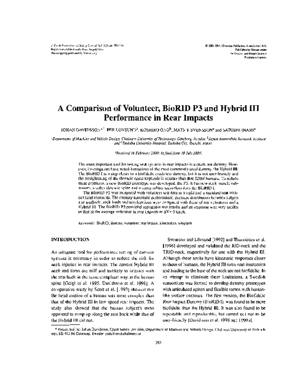(PDF) A Comparison of Volunteer, BioRID P3 and Hybrid III Performance ...