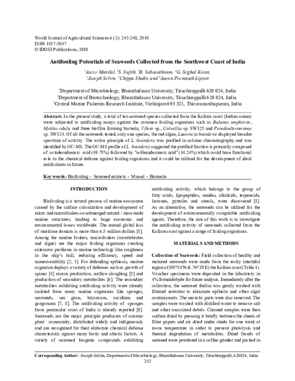 (PDF) Antifouling potentials of seaweeds collected from the Southwest ...