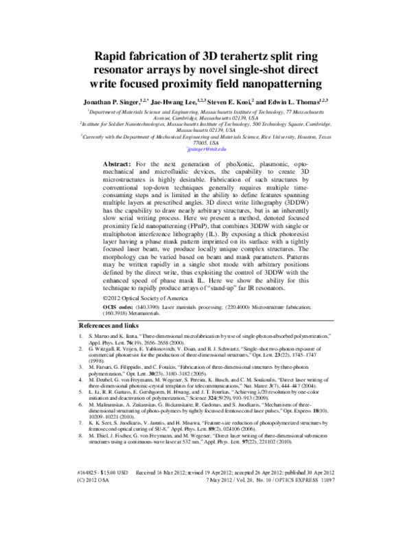 (PDF) Rapid fabrication of 3D terahertz split ring resonator arrays by ...