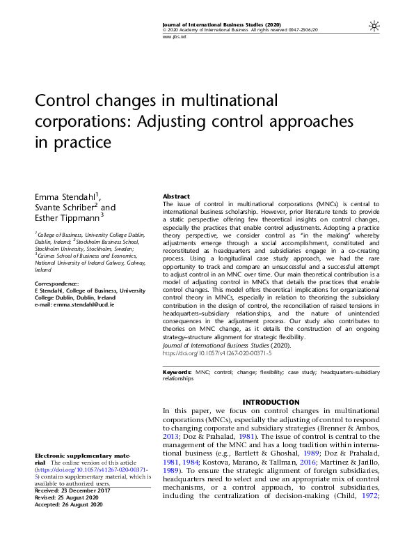 (PDF) Control changes in multinational corporations: Adjusting control ...