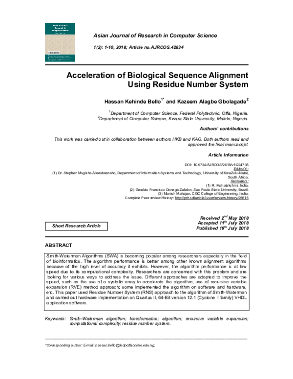 (PDF) Acceleration of Biological Sequence Alignment Using Residue ...