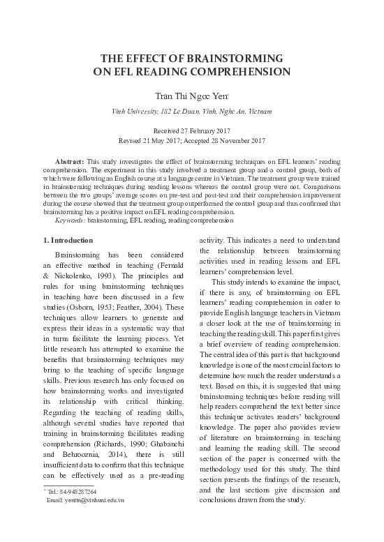 (PDF) The Effect of Brainstorming on Efl Reading Comprehension