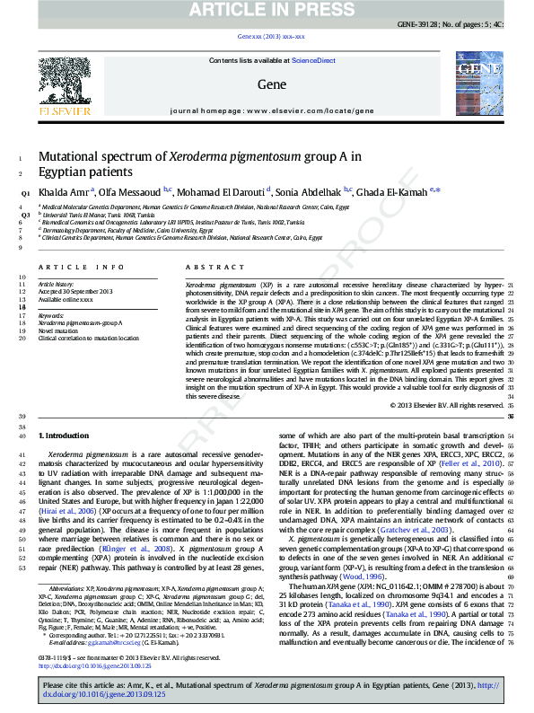 (PDF) Mutational spectrum of Xeroderma pigmentosum group A in Egyptian ...