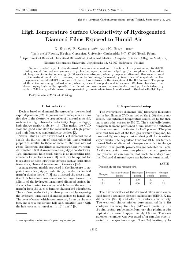 (PDF) High Temperature Surface Conductivity of Hydrogenated Diamond
