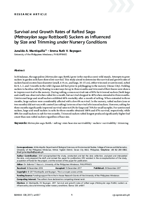 (PDF) Survival and Growth Rates of Rafted Sago (Metroxylon sagu ...