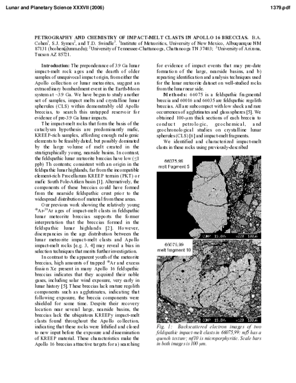 (PDF) Petrography and Chemistry of Impact-Melt Clasts in Apollo 16 Breccias