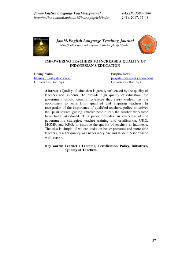 (PDF) Empowering Teachers to Increase a Quality of Indonesian’s Education