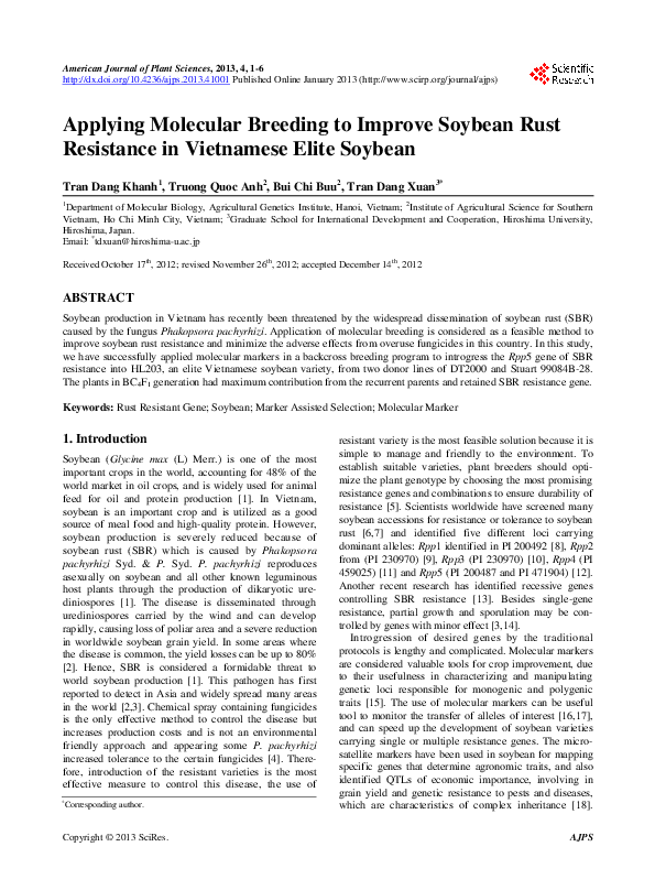 (PDF) Applying Molecular Breeding to Improve Soybean Rust Resistance in ...