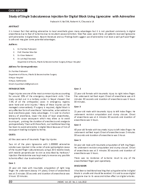 (PDF) Study of Single Subcutaneous Injection for Digital Block Using ...