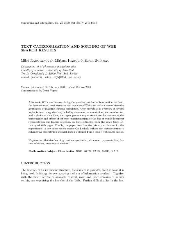(PDF) Text Categorization and Sorting of Web Search Results