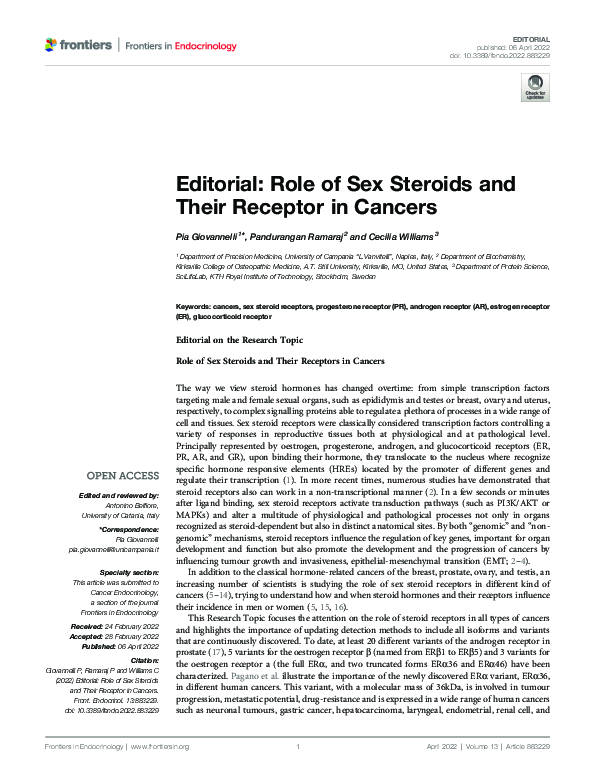 (PDF) Editorial: Role of Sex Steroids and Their Receptor in Cancers