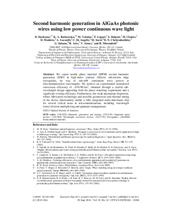 (PDF) Second harmonic generation in AlGaAs photonic wires using low ...