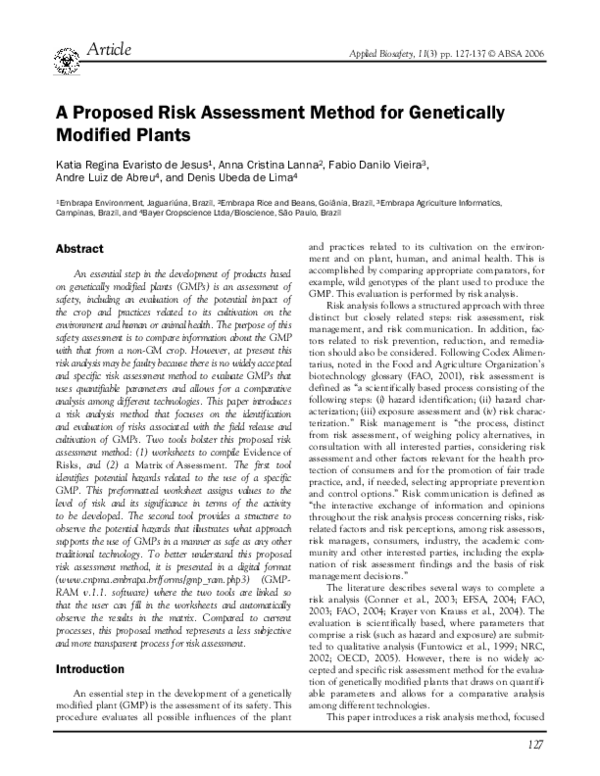 (PDF) A Proposed Risk Assessment Method for Genetically Modified Plants