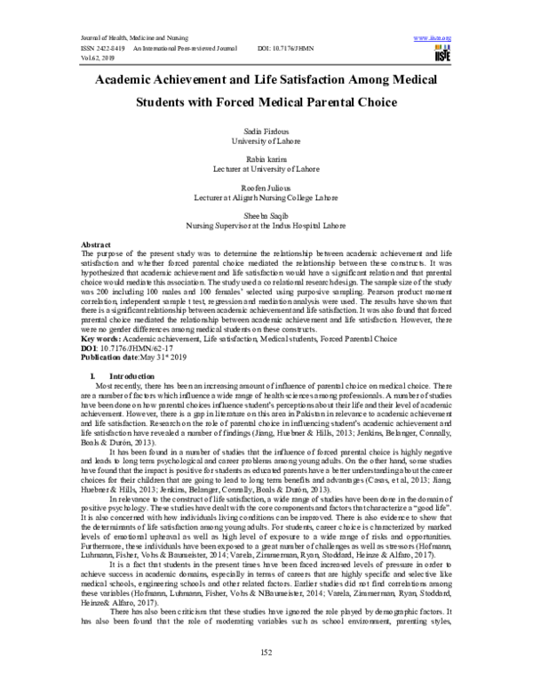 (PDF) Academic Achievement and Life Satisfaction Among Medical Students ...