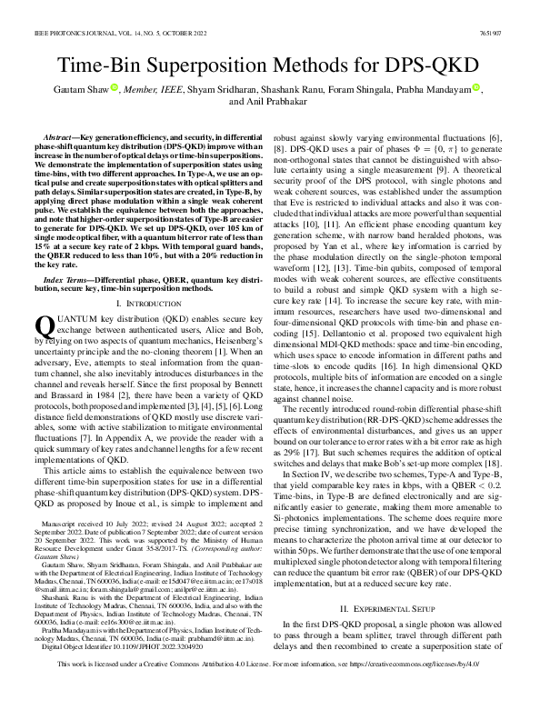 (PDF) TimeBin Superposition Methods for DPSQKD Shyam Sridharan