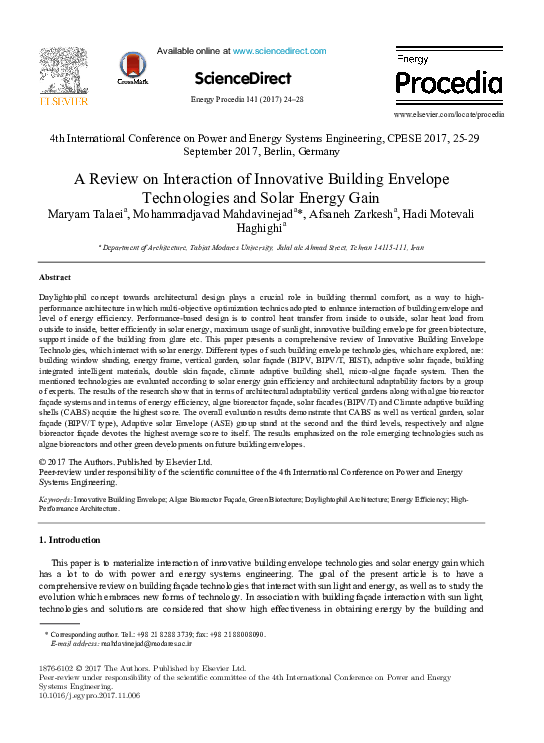 A Review on Interaction of Innovative Building Envelope Technologies and Solar Energy Gain