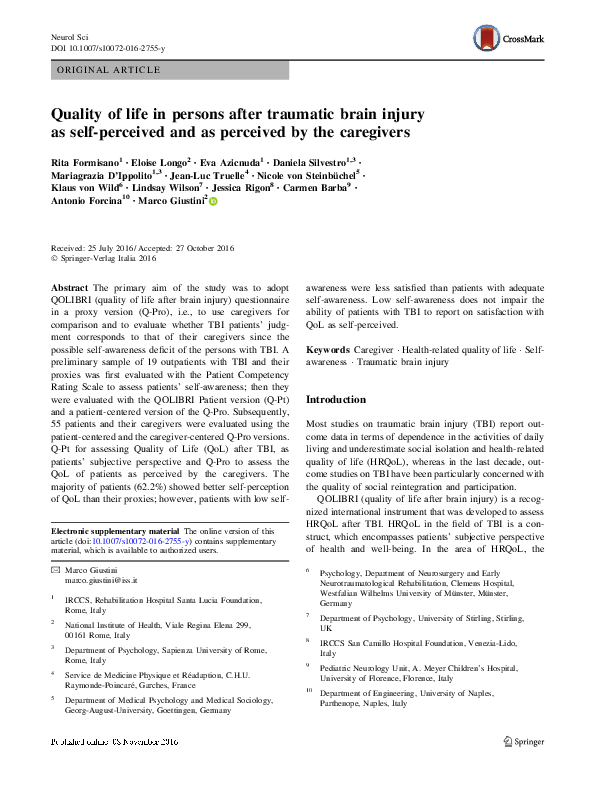 (PDF) Quality of life in persons after traumatic brain injury as self ...