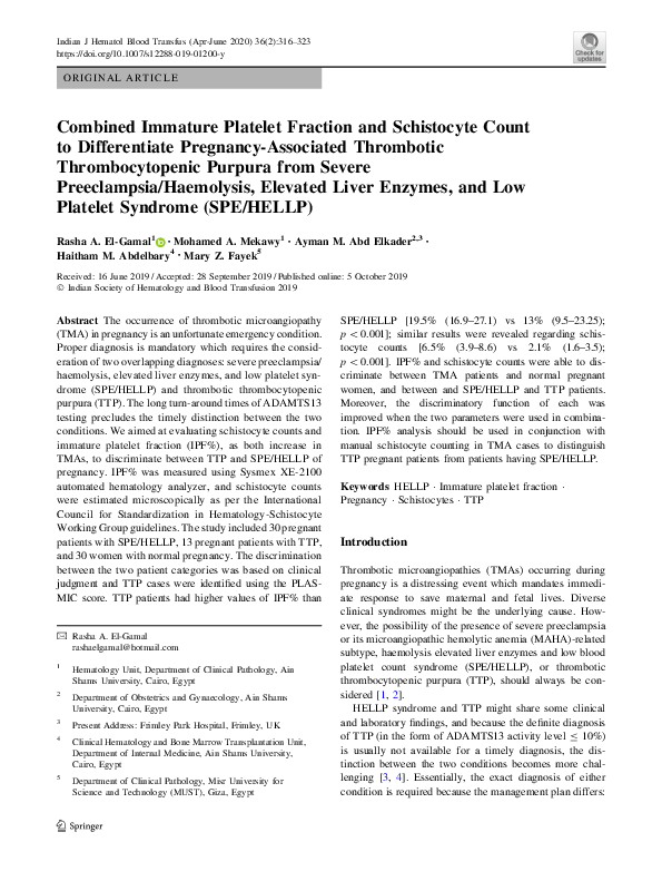 (PDF) Combined Immature Platelet Fraction and Schistocyte Count to ...