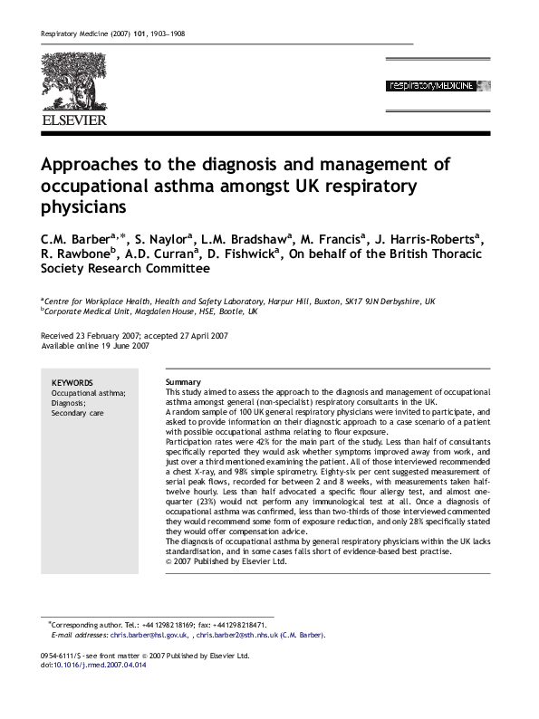 (PDF) Approaches to the diagnosis and management of occupational asthma ...
