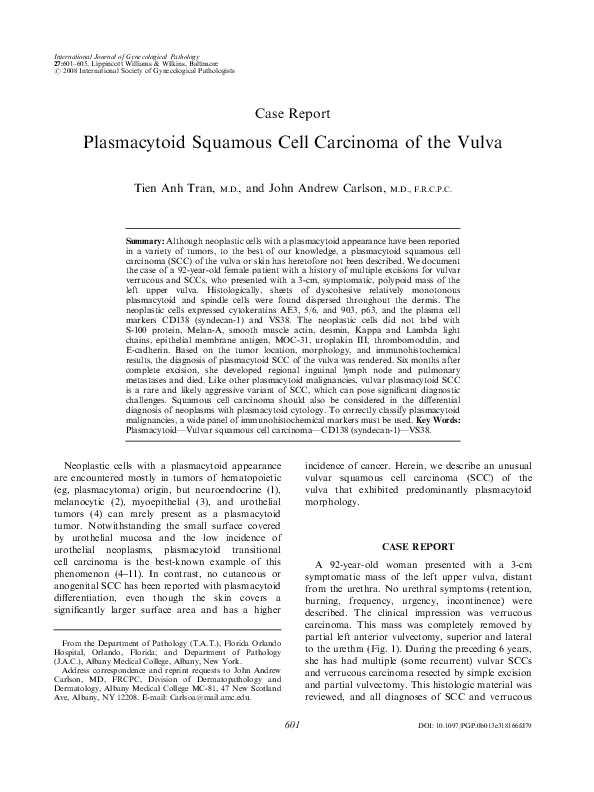 (PDF) Plasmacytoid Squamous Cell Carcinoma of the Vulva | Tien Đat Tran ...