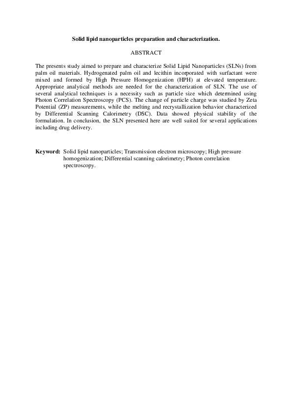 (PDF) Solid Lipid Nanoparticles Preparation and Characterization