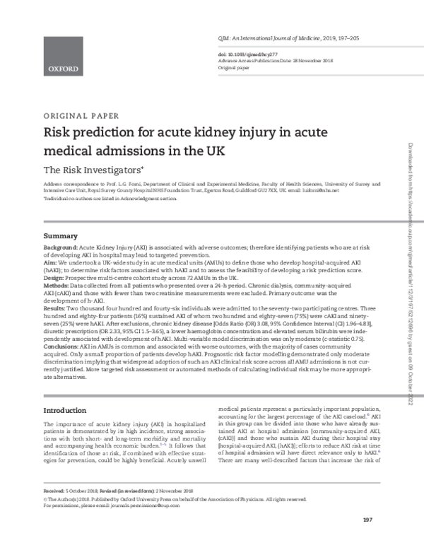(PDF) Risk Prediction for Acute Kidney Injury in Acute Medical ...