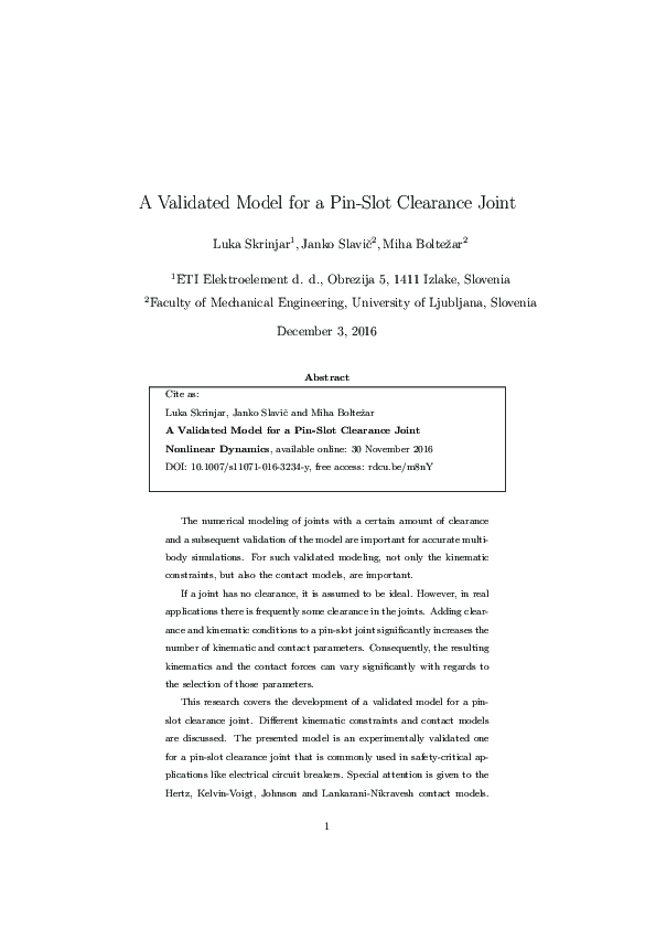 (PDF) A validated model for a pin-slot clearance joint