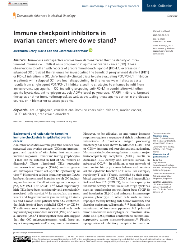 (PDF) Immune checkpoint inhibitors in ovarian cancer: where do we stand?