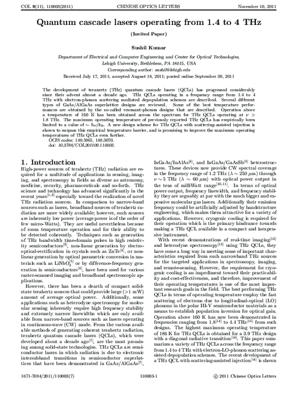 (PDF) Quantum cascade lasers operating from 1.4 to 4 THz (Invited Paper)