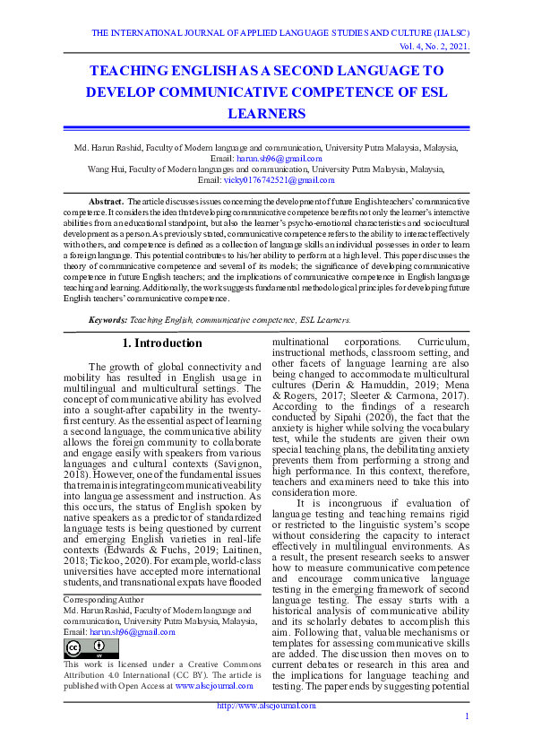 (PDF) Teaching English as a Second Language to develop communicative ...
