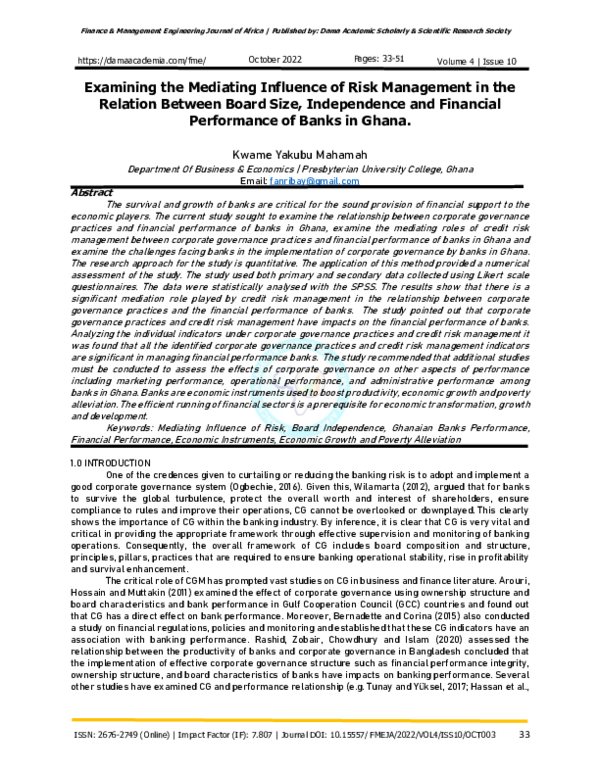 (PDF) Examining the Mediating Influence of Risk Management in the ...