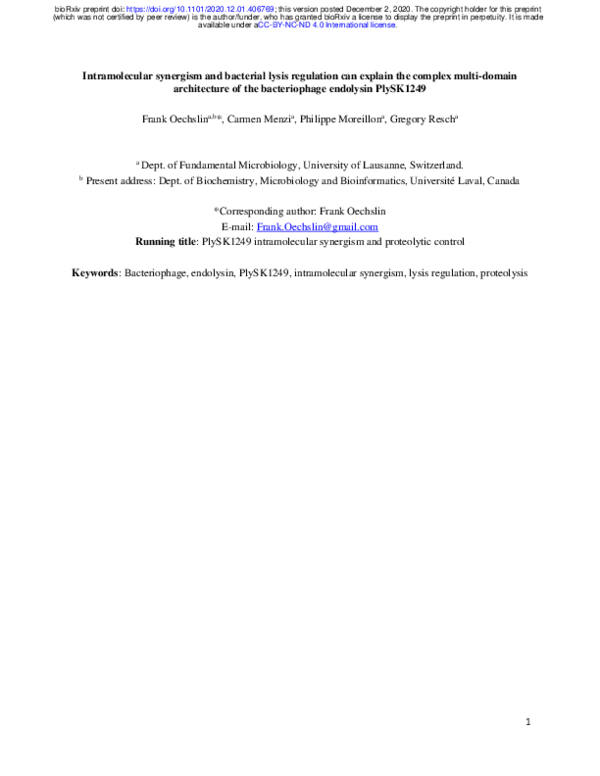 (PDF) Intramolecular synergism and bacterial lysis regulation can ...
