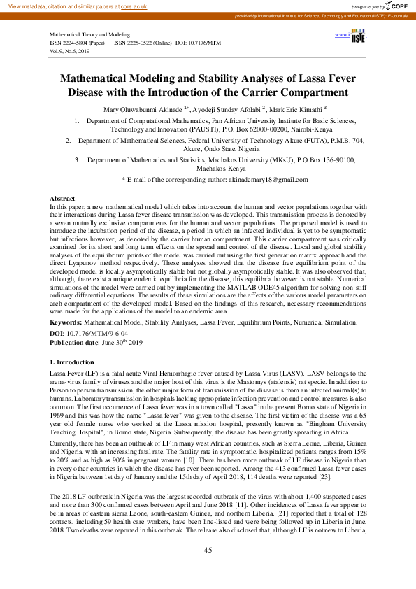 (PDF) Mathematical Modeling and Stability Analyses of Lassa Fever ...