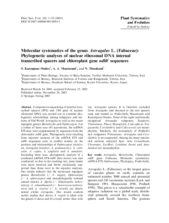 (PDF) Molecular systematics of the genus Astragalus L. (Fabaceae ...