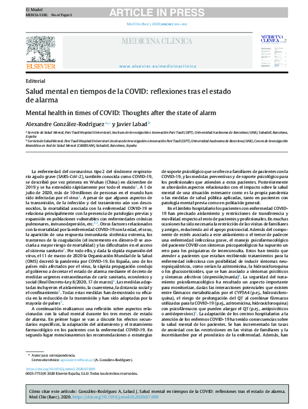 (PDF) Salud mental en tiempos de la COVID: reflexiones tras el estado ...