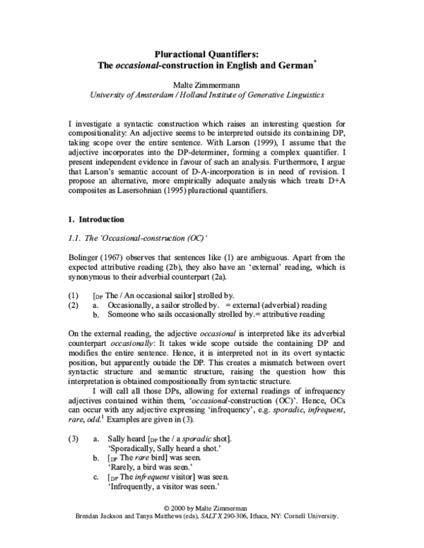 (PDF) Pluractional Quantifiers: The 'occasional'-construction in ...