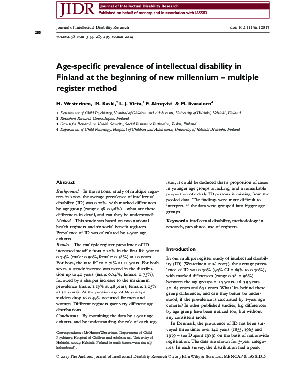  pdf age specific prevalence of intellectual disability in finland at