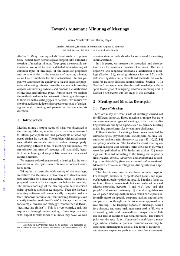 (PDF) Towards Automatic Minuting of the Meetings