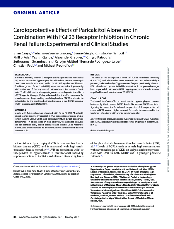 Cardioprotective effects of paricalcitol alone and in combination with FGF23 receptor inhibition in chronic renal failure: experimental and clinical studies