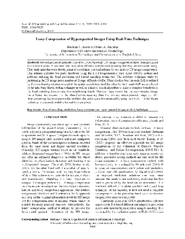 (PDF) Lossy Compression of Hyperspectral Images Using Real-Time Technique