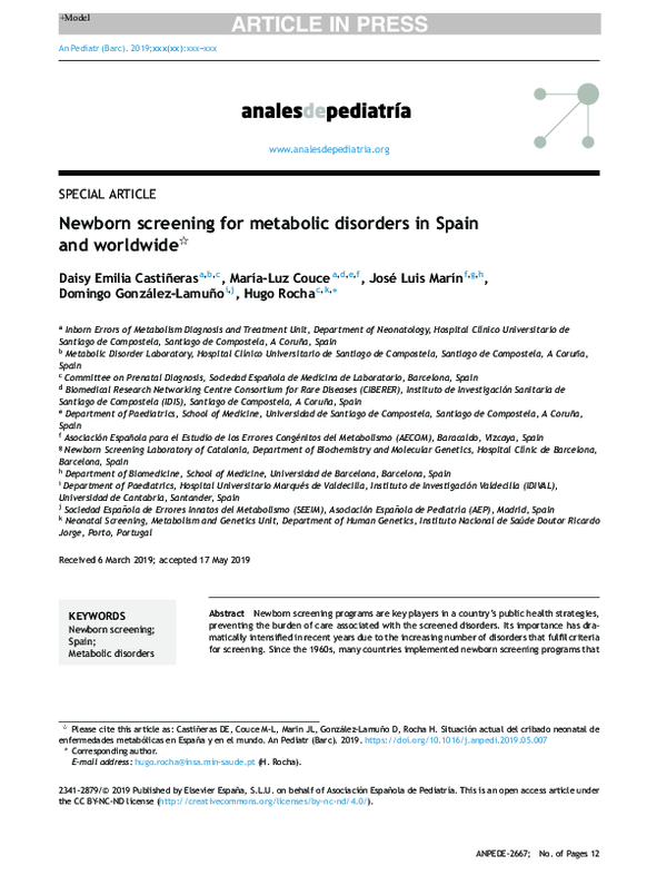 (PDF) Newborn screening for metabolic disorders in Spain and worldwide
