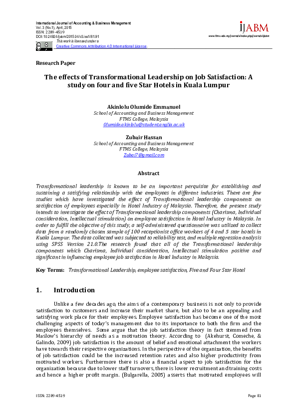 (PDF) The Effects of Transformational Leadership on Job Satisfaction: A ...