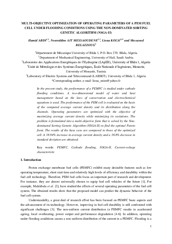 (PDF) Multi-objective optimization of operating parameters of a PEMFC ...