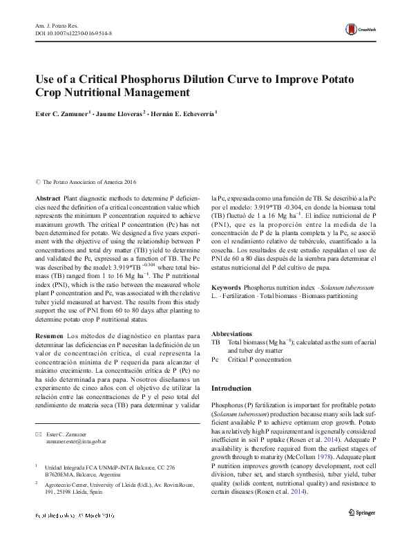 (PDF) Use of a Critical Phosphorus Dilution Curve to Improve Potato ...