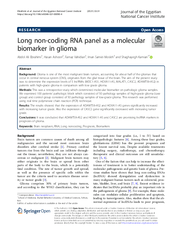 (PDF) Long non-coding RNA panel as a molecular biomarker in glioma
