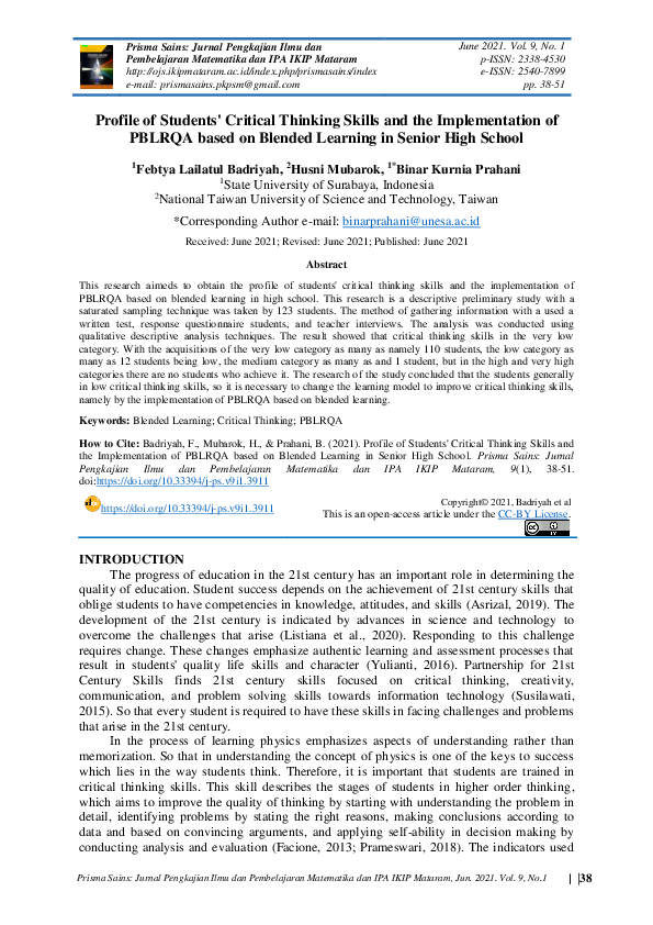 (PDF) Profile of Students' Critical Thinking Skills and the ...